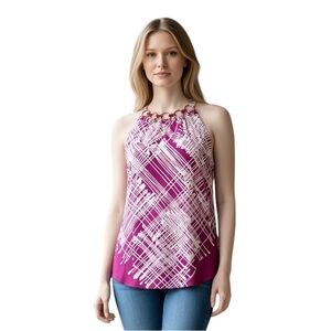 Women’s Sleeveless Alfani Handkerchief Flowing Top in White/Fuchsia. Size XL